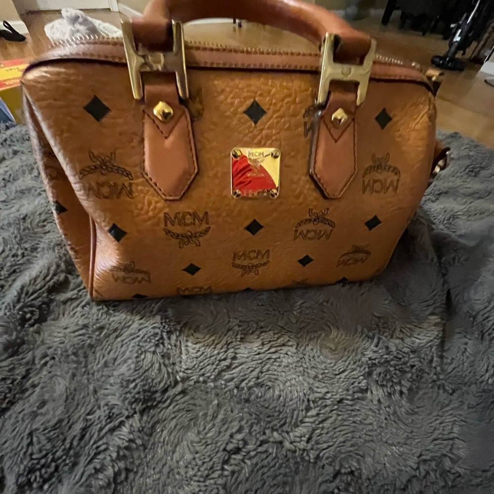 MCM Brown and Black Satchel with Monogram Pattern